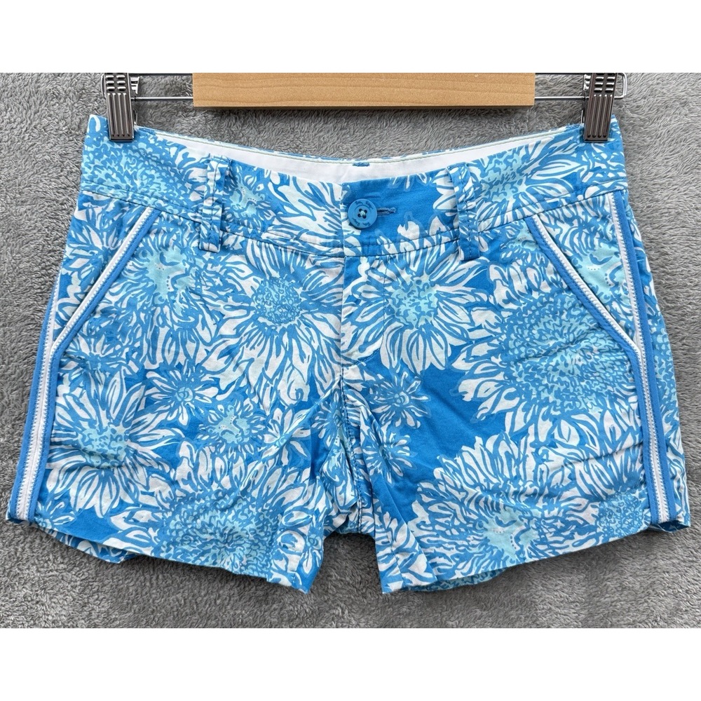 Lilly Pulitzer Callahan Shorts Womens 00 Blue Butter Cup Floral Flat Front Chino